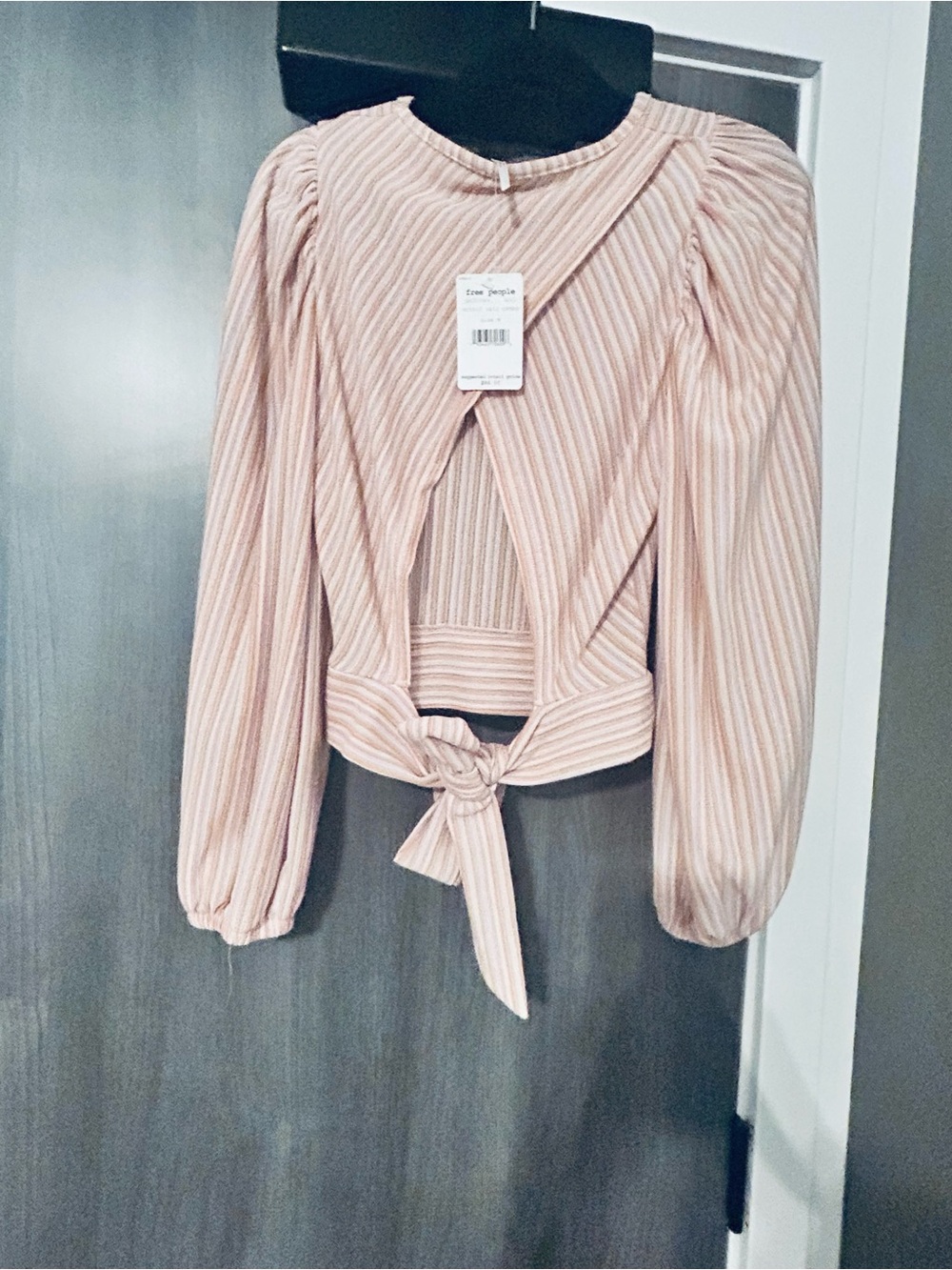 Free People Tie-Front V-Neck Long Sleeve Top in Striped Blush Pink - Picture 2 of 4